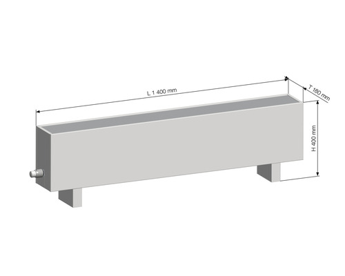 Illustration eines Heizkörpers mit den Maßen 1400 mm Länge, 400 mm Höhe und 180 mm Tiefe.