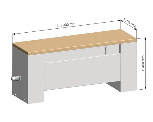 Abbildung einer Heizkörperverkleidung mit den Maßen Länge 1000 mm, Tiefe 315 mm und Höhe 450 mm.