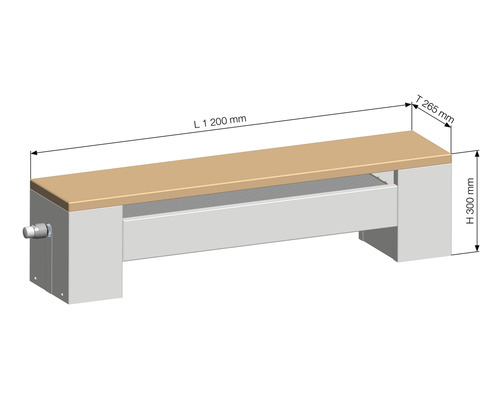 Technische Zeichnung einer Bank mit den Maßen 1200 mm Länge, 265 mm Tiefe und 300 mm Höhe.