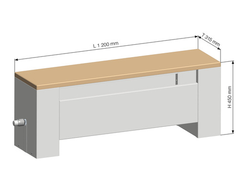 Heizkörperverkleidung mit den Maßen Länge 1200 mm, Tiefe 315 mm und Höhe 450 mm