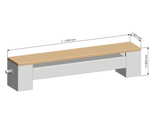 Technische Zeichnung einer Werkbank mit den Maßen Länge 1400 mm, Tiefe 265 mm und Höhe 300 mm.
