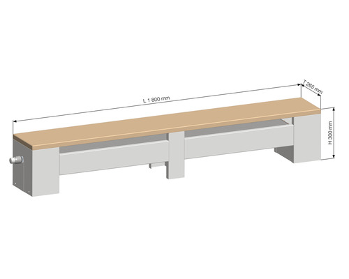 Darstellung einer Werkbank mit den Maßen 1800 mm Länge, 265 mm Tiefe und 300 mm Höhe.
