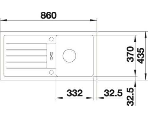 Zeichnung einer Spüle mit den Maßen 860 x 435 mm