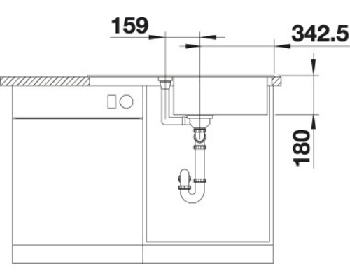 Technische Zeichnung einer Spüle mit den Maßen 159, 342,5 und 180.