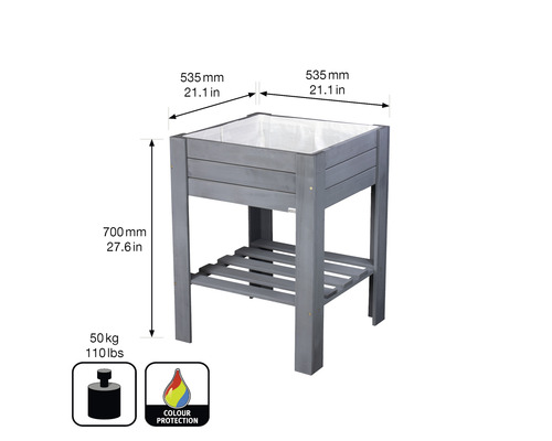Hochbeet aus Holz mit Ablagefläche und den Maßangaben 535 mm Breite, 535 mm Tiefe und 700 mm Höhe