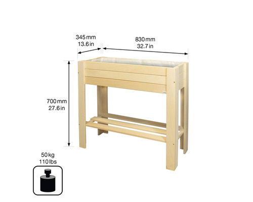 Abmessungen eines Hochbeets aus Holz mit Ablage