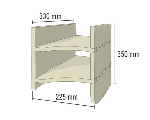 Regal mit zwei Fächern und den Maßen 330 mm Breite, 350 mm Höhe und 225 mm Tiefe.