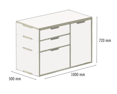 Schrank mit drei Schubladen und einer Tür, Maße 1000 x 500 x 720 Millimeter