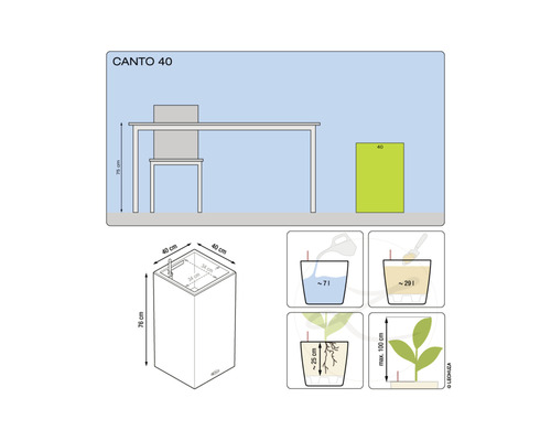 Diagramm des Canto 40 Pflanzgefäßes mit Maßangaben und Illustrationen zum Bewässerungssystem