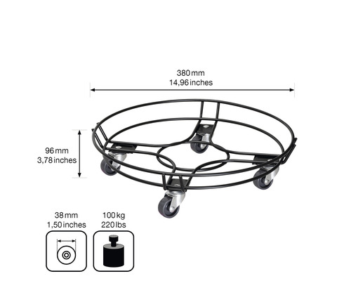 Rolluntersetzer mit den Maßen 380 mm Durchmesser und 96 mm Höhe