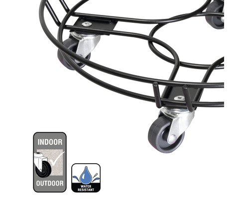 Pflanzenroller mit Rädern und den Symbolen: Geeignet für Innen- und Außenbereiche, wasserabweisend