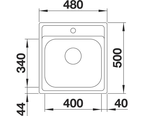 Technische Zeichnung einer Spüle mit Maßangaben