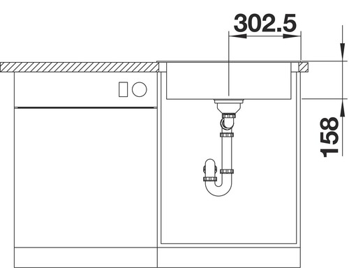 Zeichnung einer Spüle mit den Maßen 302,5 und 158