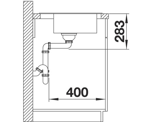 Installationsschema einer Küchenspüle mit Siphon und Maßangaben