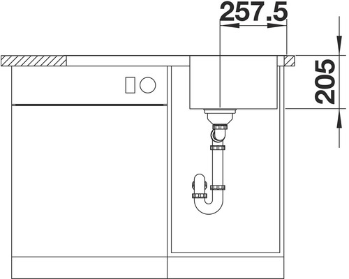 Schema einer Spüle mit Unterschrank und Maßangaben