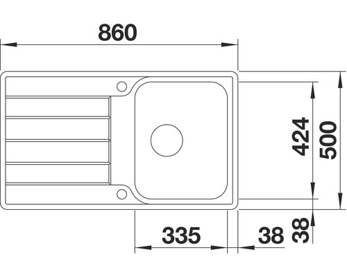 Technische Zeichnung einer Spüle mit den Maßen 860 x 500 Millimeter.