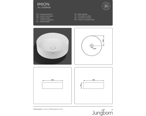 Aufsatzwaschtisch aus Keramik mit Maßangaben