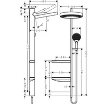Technische Zeichnung einer Duschsäule mit Kopfbrause und Handbrause inklusive Maßangaben.