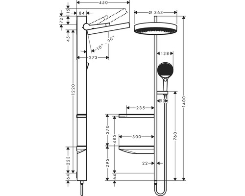 Technische Zeichnung einer Duschsäule mit Kopfbrause und Handbrause inklusive Maßangaben.