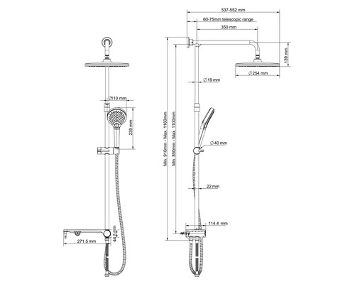 Technische Zeichnung eines Duschsystems mit Abmessungen