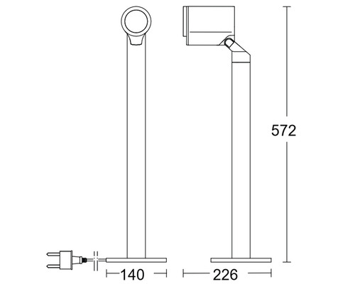 Technische Zeichnung einer Stehleuchte mit Maßangaben
