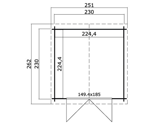 Grundrisszeichnung eines Gartenhauses mit Maßangaben