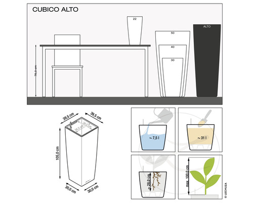 Produktabbildung mit Maßangaben und Pflegehinweisen für Cubico Alto Pflanzgefäße