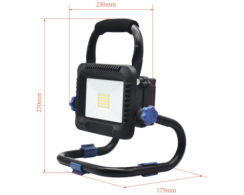 LED-Baustrahler mit Griff und Standfuß, Maße 270 x 230 x 175 Millimeter