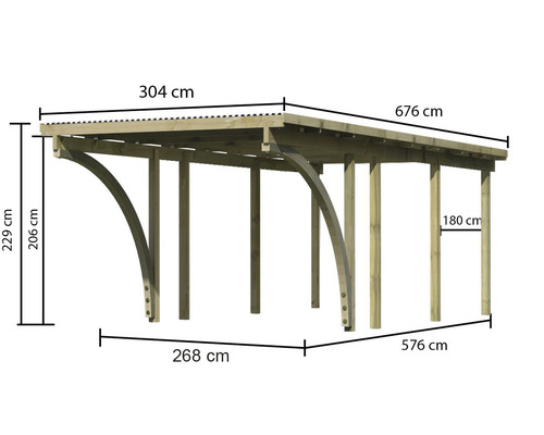 Abmessungen einer Holzüberdachung mit einer Länge von 676 cm, einer Breite von 304 cm und einer Höhe von 229 cm.