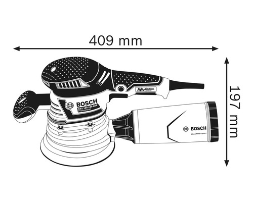 Bosch Exzenterschleifer GEX 125-150 AVE Professional mit Abmessungen 409 mm Länge und 197 mm Höhe