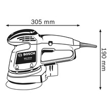 Abbildung des Exzenterschleifers mit den Maßen 305 mm x 190 mm.