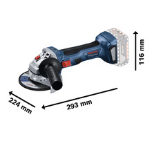 Bosch Akku-Winkelschleifer mit den Maßen 293 mm Länge, 224 mm Breite und 116 mm Höhe