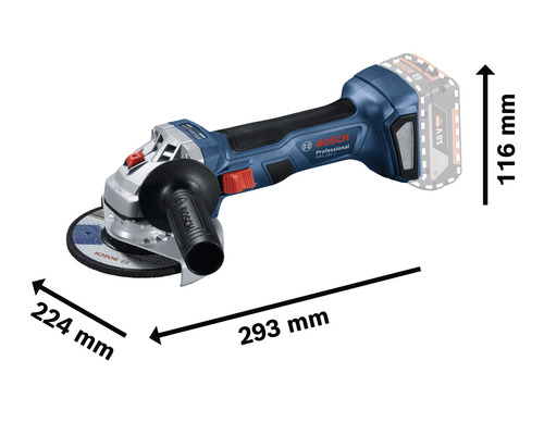 Bosch Akku-Winkelschleifer mit den Maßen 293 mm Länge, 224 mm Breite und 116 mm Höhe