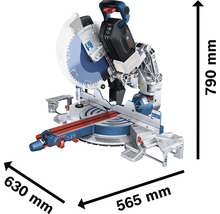 Kapp- und Gehrungssäge mit Abmessungen 630 mm x 565 mm x 790 mm
