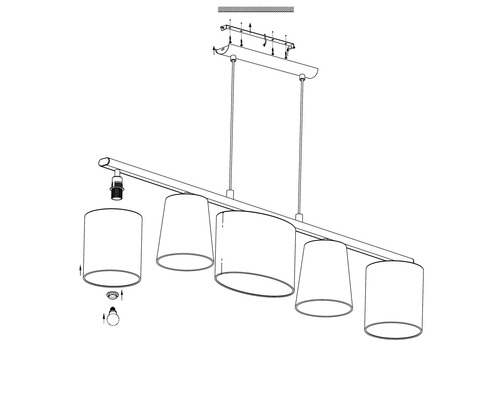 Technische Zeichnung einer Hängelampe mit fünf Leuchten