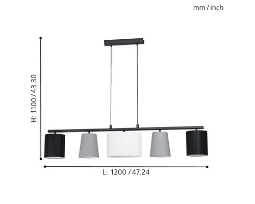 Pendelleuchte mit fünf Lampenschirmen und Größenangaben