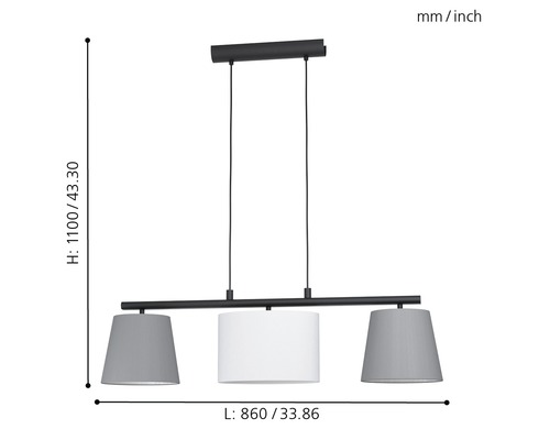 Hängeleuchte mit drei Lampenschirmen und Größenangaben