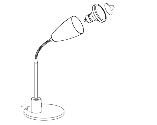 Skizze einer Schreibtischlampe mit flexiblem Hals und Lampenfassung
