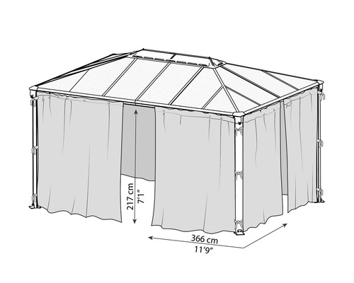 Abbildung eines Pavillons mit Vorhängen und den Maßen 217 cm Höhe und 366 cm Länge