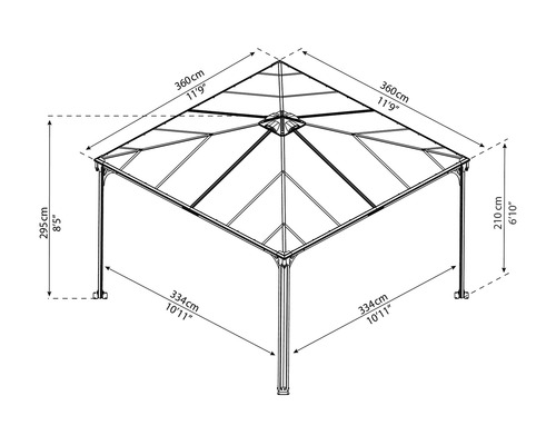 Maße eines Pavillons: 295 cm Höhe, 334 cm Breite, 360 cm Länge.