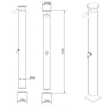 Technische Zeichnung einer Gartendusche mit Abmessungen.