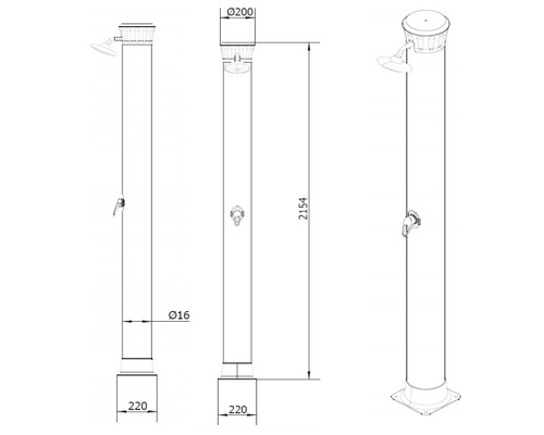Technische Zeichnung einer Gartendusche mit Abmessungen.