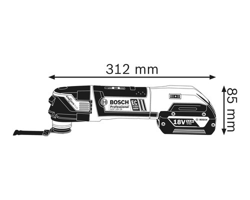 Abbildung der Abmessungen eines Bosch Multifunktionswerkzeugs, 312 mm Länge, 85 mm Höhe