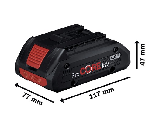 Bosch ProCORE 18V 4.0 Ah Akku mit den Maßen 77 mm x 117 mm x 47 mm