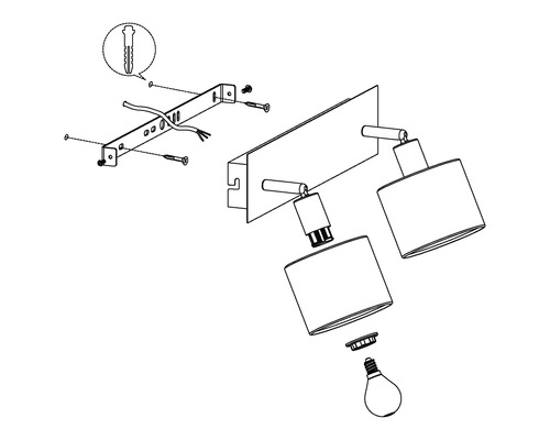 Explosionszeichnung einer Wandleuchte mit zwei Lampen, inklusive Befestigungsmaterial