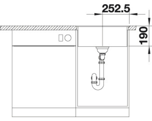 Technische Zeichnung einer Küchenspüle mit Siphon und Maßangaben