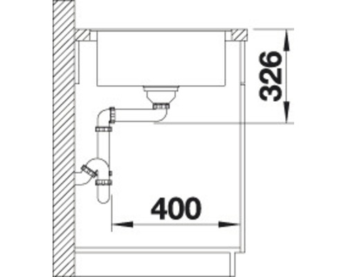 Zeichnung einer Spüle mit zugehörigen Abmessungen für die Installation