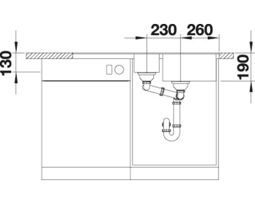Installationszeichnung einer Spüle mit Geschirrspüler und Maßangaben.