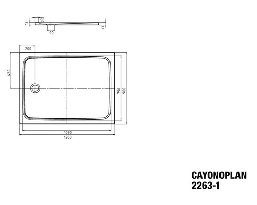 Technische Zeichnung einer Duschwanne mit Abmessungen
