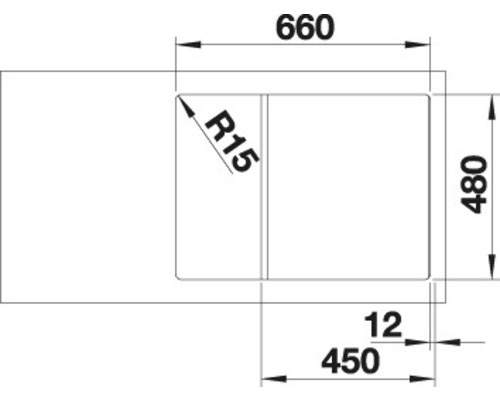 Technische Zeichnung einer Spüle mit den Maßen 660 x 480 Millimeter